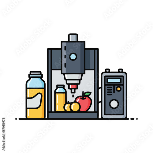 A machine pressing juice from fruits into bottles