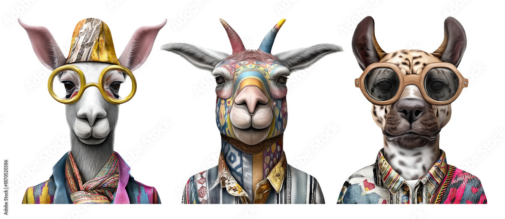 Fototapeta premium Colorful Anthropomorphic Andean Animals in Traditional Attire with Unique Glasses