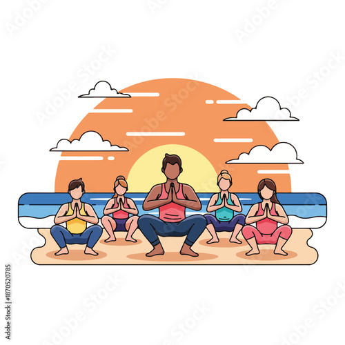A group of people meditating on beach at sunset