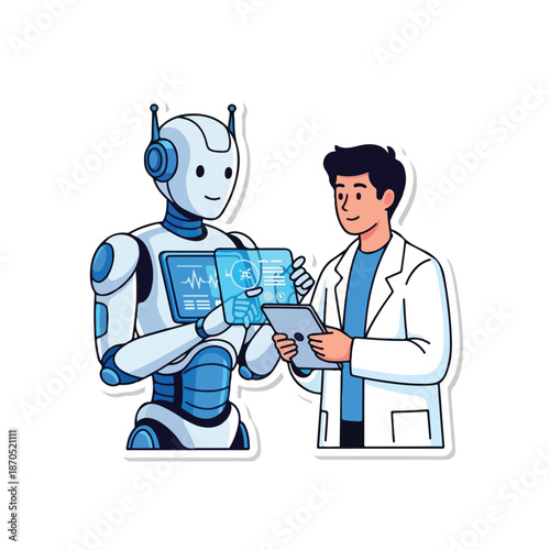 A robot and doctor examine digital screens together