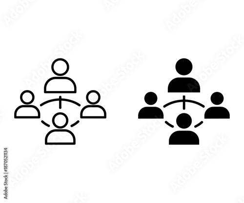 Two sets of five black and white human in hierarchical structures with arrows indicating leadership and communication