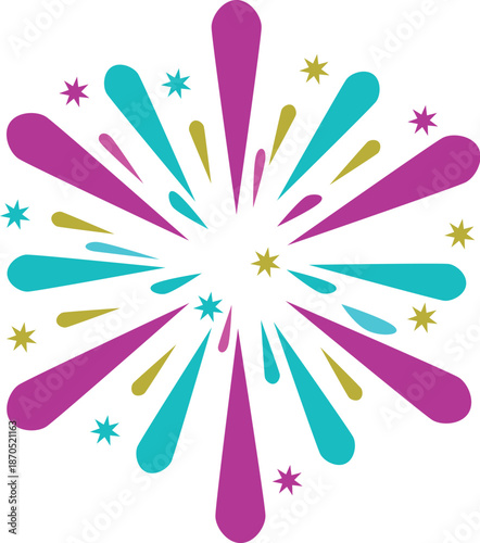 Colorful fireworks exploding, creating a festive atmosphere with bright stars against white background