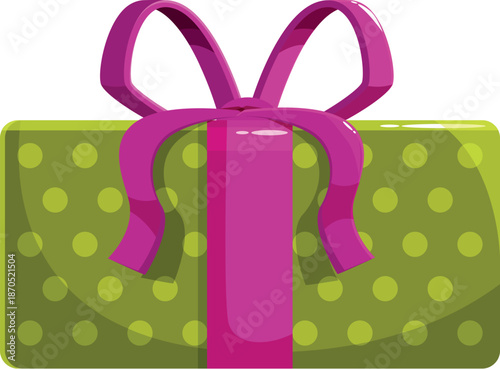 Green gift box wrapped with magenta ribbon and decorated with polka dots is waiting for a happy recipient