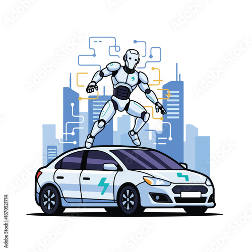 A robot on a car with a cityscape