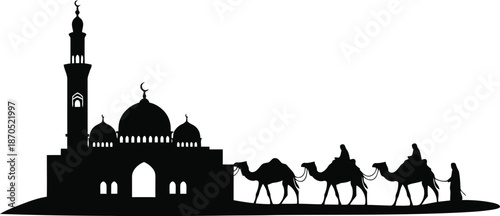 Ramadan mosque and camel caravan silhouette vector for Islamic holiday design