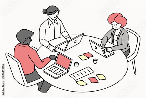 A minimalist vector illustration of three people working together at a round table with laptops and notes