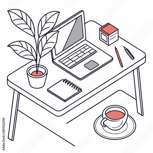 A minimalist vector illustration of a workspace with a laptop and office supplies