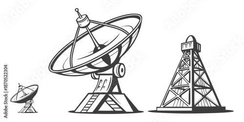 A set of vector illustrations of satellite dishes and a radio tower