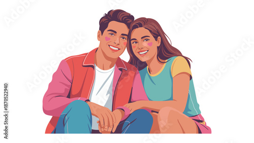 Love's Gentle Embrace: An illustration of a young couple, with joyful smiles and loving eyes, radiates the warmth of affection, symbolising enduring partnership and the beauty of human connection.