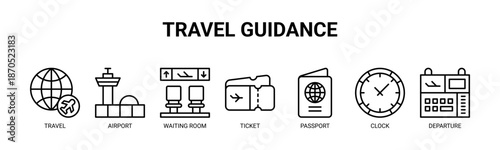Travel Guidance web banner icon vector illustration concept for airport travel guidance with icon of travel, airport, waiting room, ticket, passport, clock, departure.
