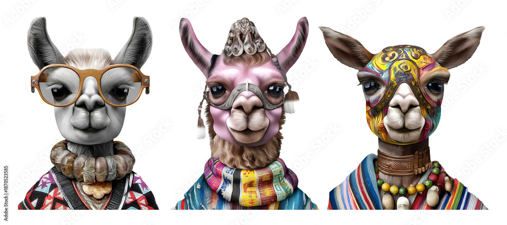 Fototapeta premium Unique Anthropomorphic Alpacas in Stylish Attire with Accessories and Personality