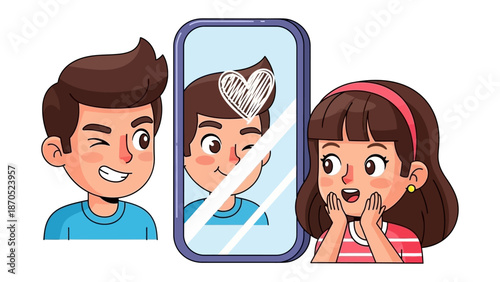 Love's Reflection: A boy and a girl share a moment of affection, with the boy gazing lovingly at his reflection while the girl watches in admiration.