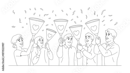 Celebratory toast: A group raises ornate glasses in a joyful toast, with confetti fluttering overhead, symbolizing unity and celebration. 