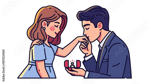 Romantic Proposal Illustration: A tender illustration depicts a man on bended knee, presenting a ring to the woman he loves, embodying the essence of a romantic proposal.