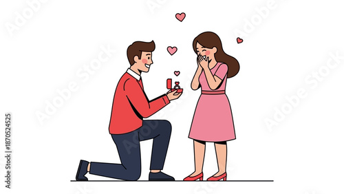 A Proposal of Love and Commitment: A man on one knee, proffering a ring to a woman, embodying a proposal of love, commitment, and the start of a new chapter. Hearts float.