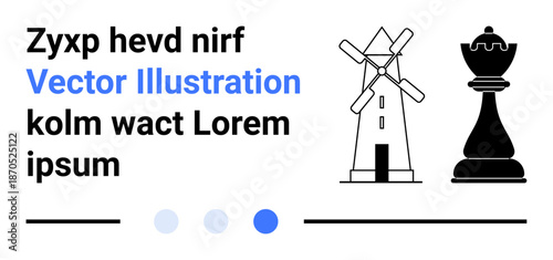 Abstract composition with windmill, chess piece, bold text, and geometric shapes. Ideal for strategy, planning, sustainability, business, innovation design simple landing page