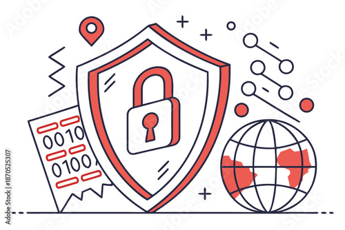 A vector graphic illustration of a shield with a lock and globe for cybersecurity and protection