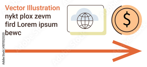 Financial growth, global economy, business development, currency flow, international trade, wealth creation. Globe, documents dollar symbol and arrow . Financial growth and global economy concept