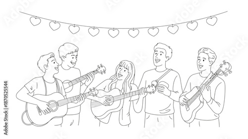 Harmony of Strings: A sketch captures a lively scene of five individuals engrossed in playing stringed instruments, the air filled with the melody of music.