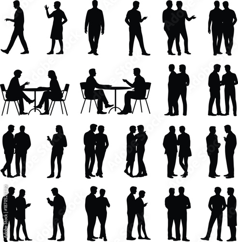 People silhouettes collection with conversation, meeting and social interaction poses, men and women talking, sitting and standing, isolated black human figures on white background
