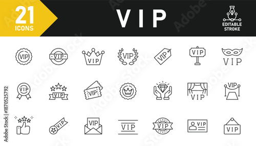 VIP line icon set. Set of 21 outline icons related to VIP card, exclusive, crown, red carpet, quality, benefit, premium member, diamond and others. Editable stroke. Vector illustration.