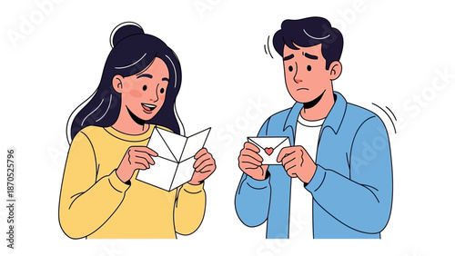 Love's Whispers and Hidden Heart: A scene of contrasting emotions as a young man contemplates a sealed love letter, while a young woman happily reads a message.