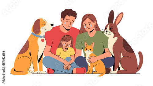 Grief-Stricken Family: In a scene of profound sorrow, a family surrounded by their beloved pets weeps, their faces etched with sadness, sharing a moment of silent, shared grief.