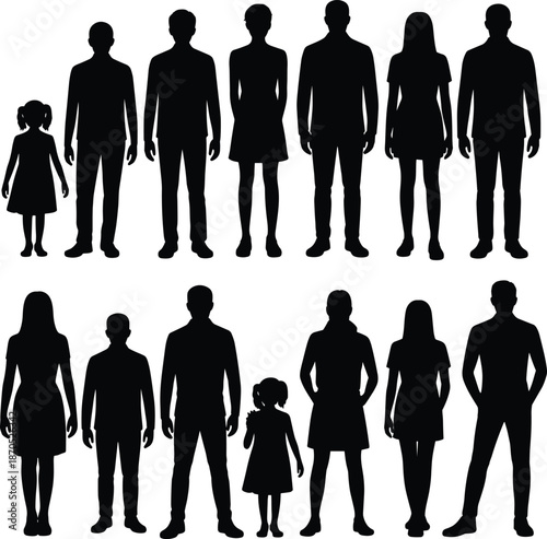 Family people silhouette set showing adults and children standing together, diverse male female and kid figures isolated on white background illustration