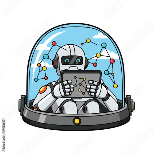 A robot with a tablet in a domed space