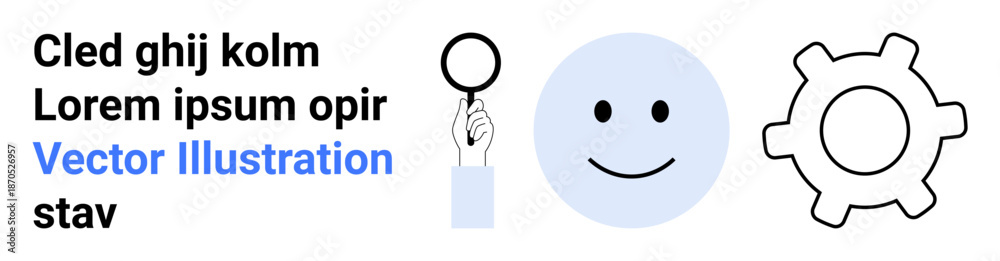 Fototapeta premium Data analysis, visualization, teamwork, technology tools, process optimization, user interface. Magnifying glass, happy face and gear are . Data analysis and teamwork concepts