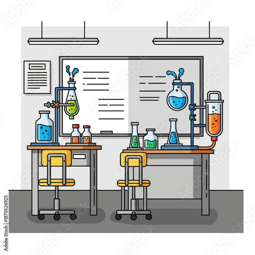 Laboratory Equipment and Glassware on Workbenches.