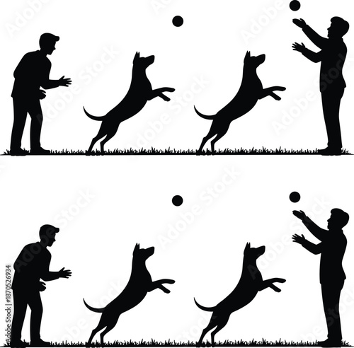 Dog training silhouettes with trainer and jumping dogs playing fetch, human animal interaction isolated on white background illustration concept