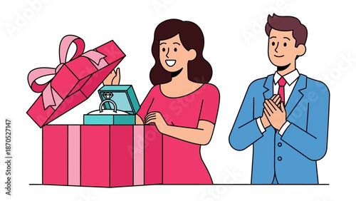 Romantic Proposal: A tender moment unfolds as a man presents an engagement ring to his beloved, symbolizing commitment and the start of a new chapter filled with love, joy and happiness.