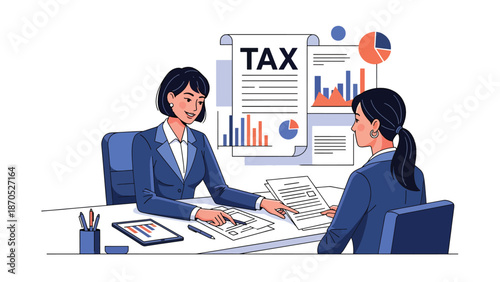 Flat vector illustration of a tax consultation meeting between advisor and client in a professional office, symbolizing financial advice, compliance, and tax planning services