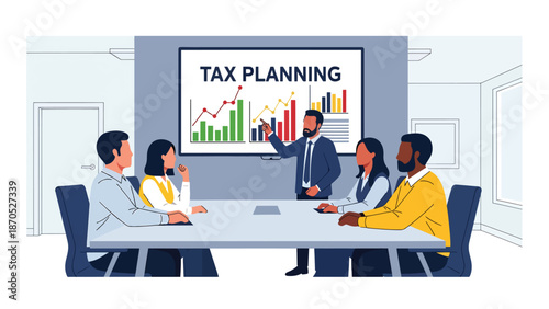 Vector illustration of corporate tax planning meeting with team discussion, charts, and reports, representing strategic finance, compliance, and business decision making