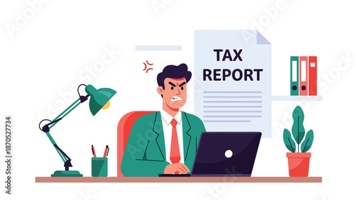 Flat vector illustration of frustrated people working on tax report in office, representing accounting problems, financial stress, reporting errors, compliance pressure, and corporate tax chall