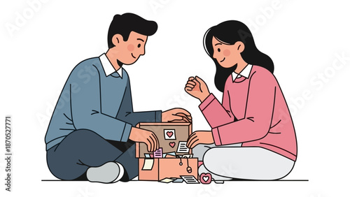 Precious Memories: Two individuals, seated side-by-side, delve into a treasure trove of cherished keepsakes. the image radiates warmth and intimacy. 