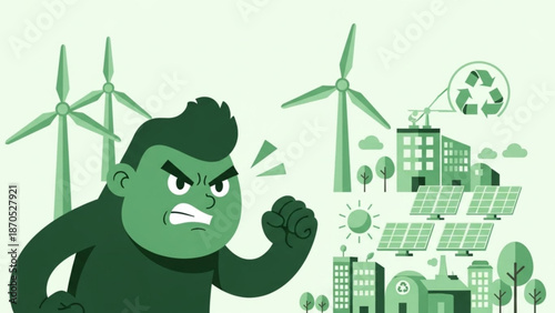 Green enraged monster fist punching towards renewable energy sources with wind turbines and solar panels in eco friendly cityscape with sustainability