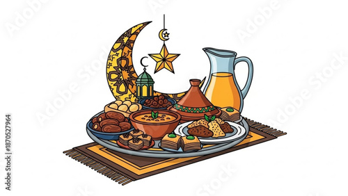 Ramadan Iftar meal spread with dates tagine pastries and juice decorated with crescent moon and star lantern for festive Islamic celebrations