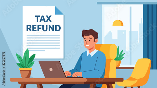 Flat vector illustration of a happy people celebrating approved tax refund while working at home office, symbolizing successful tax filing, financial relief, personal finance management