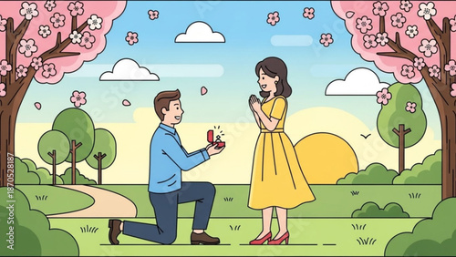Man proposing marriage to woman in park with cherry blossoms romantic proposal scene illustration for love and relationship concepts
