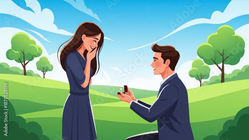 Man proposing marriage to woman with engagement ring in a park romantic proposal scene illustration for love and relationships