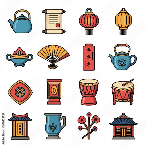 A set of colorful icons featuring Chinese cultural symbols
