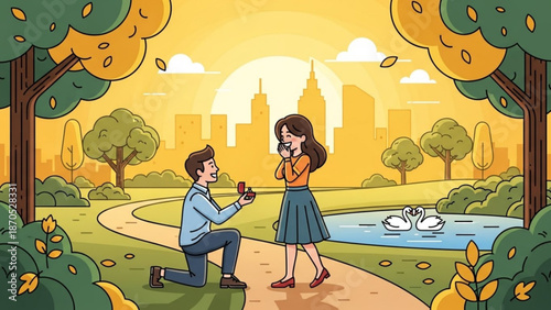 Man proposing to woman with engagement ring in park city skyline background romantic proposal concept illustration