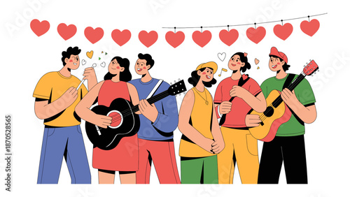 Harmony and Hearts: A charming illustration capturing a group of friends strumming guitars and serenading each other, united in a shared love for music and togetherness.