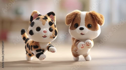3D cartoon cat doll is playing running with 3D cartoon dog doll, very cute