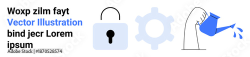 Security, technology tools, growth process, digital locks, sustainability, data protection. Padlock, gear symbol hand watering a plant. Security and technology tools