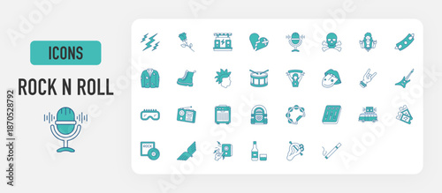 Rock n Roll icon vector. Lightning Bolt, Rose, Concert Stage, Broken Heart, Microphone, Skull, Rocker, Accessories, Leather Jacket, Rocker Shoes, Punk, Drum Kit, Fan Club, Tongue illustration. 