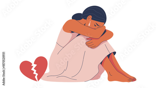 Heartbreak and Sorrow: A solitary figure, shrouded in emotional distress, cradles herself with a broken heart, capturing the raw essence of profound sadness.