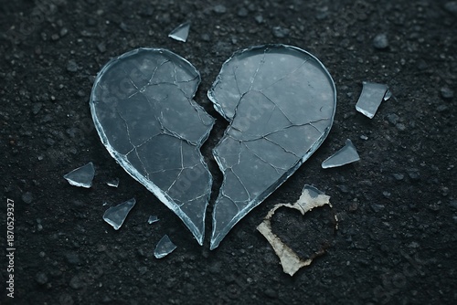 A shattered glass heart lies in two pieces on a dark, desolate surface, symbolizing deep sorrow and irreparable loss
